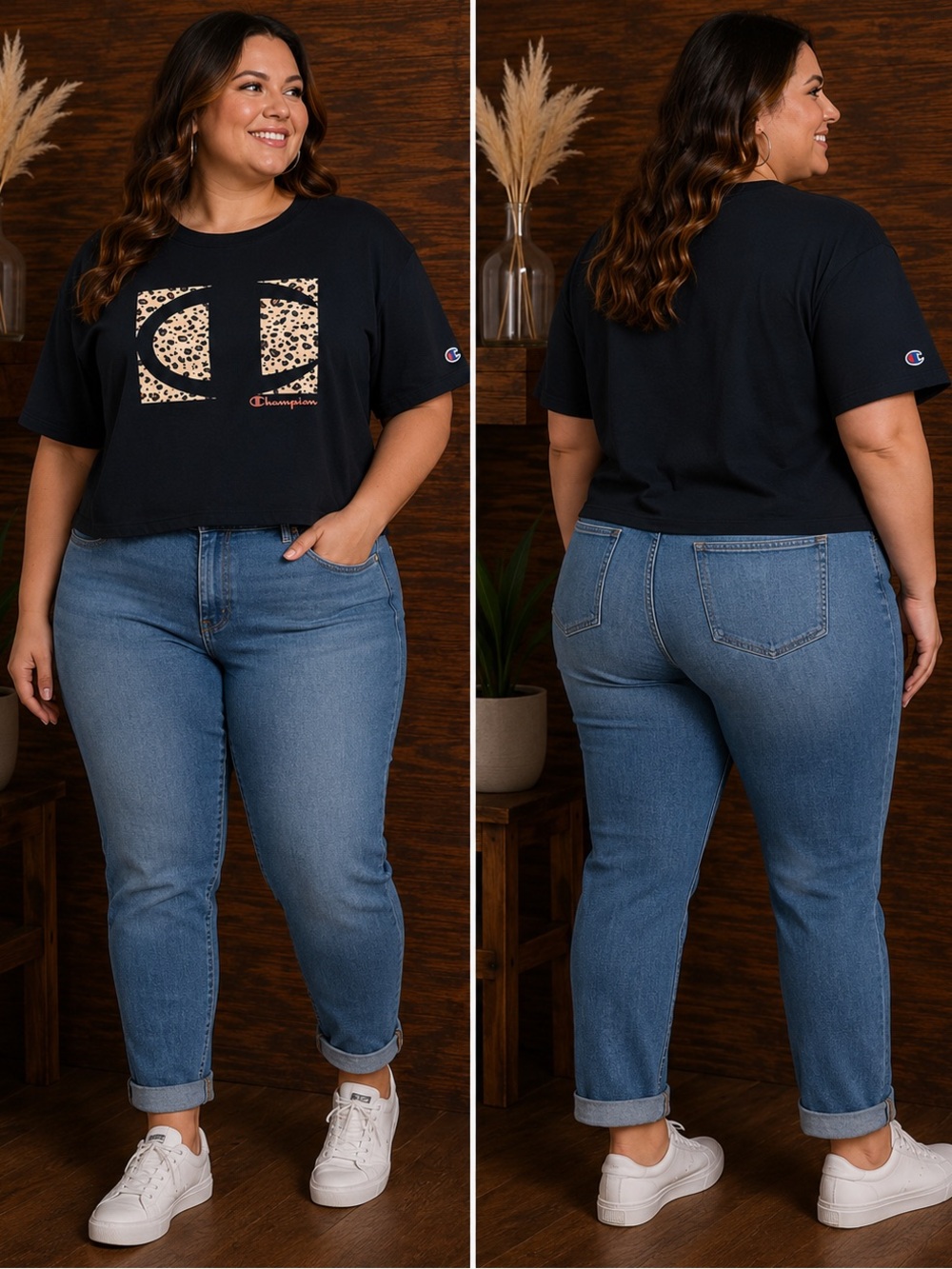 Champion Black Crop Tee with Leopard Logo Sz 3x